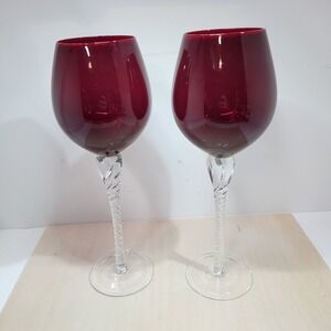 Set of 2 Large Red Wine Glasses‎ Twisted Clear Stems